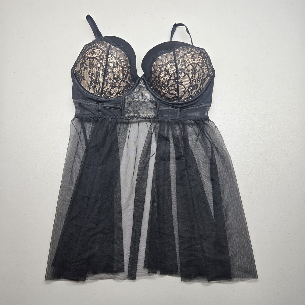 Victoria's Secret Women Sleepwear 36D Black Floral Negligee Babydoll Lace Padded